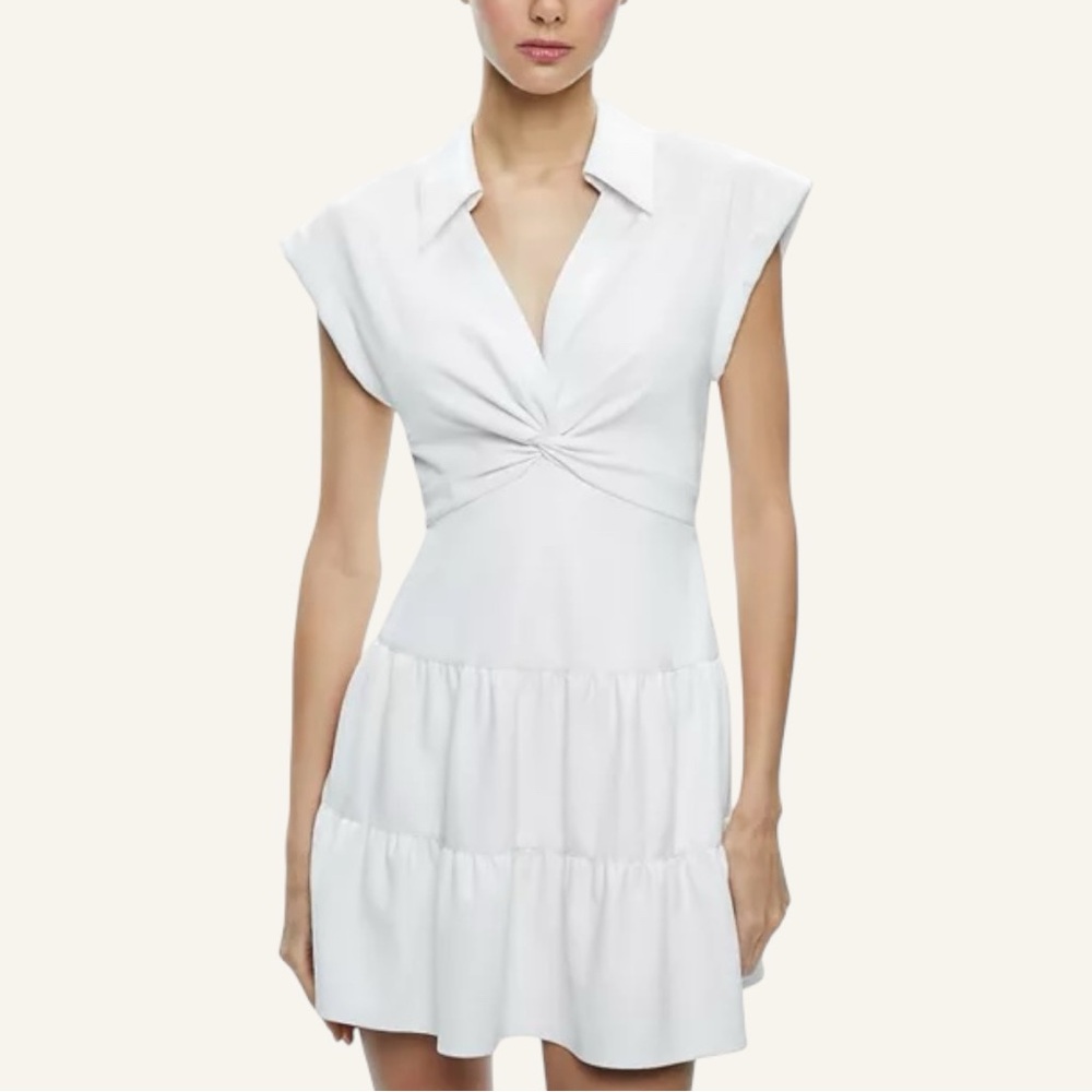 New Alice + Olivia White Mila Faux Leather Twist Front Cap Sleeve Mini Dress